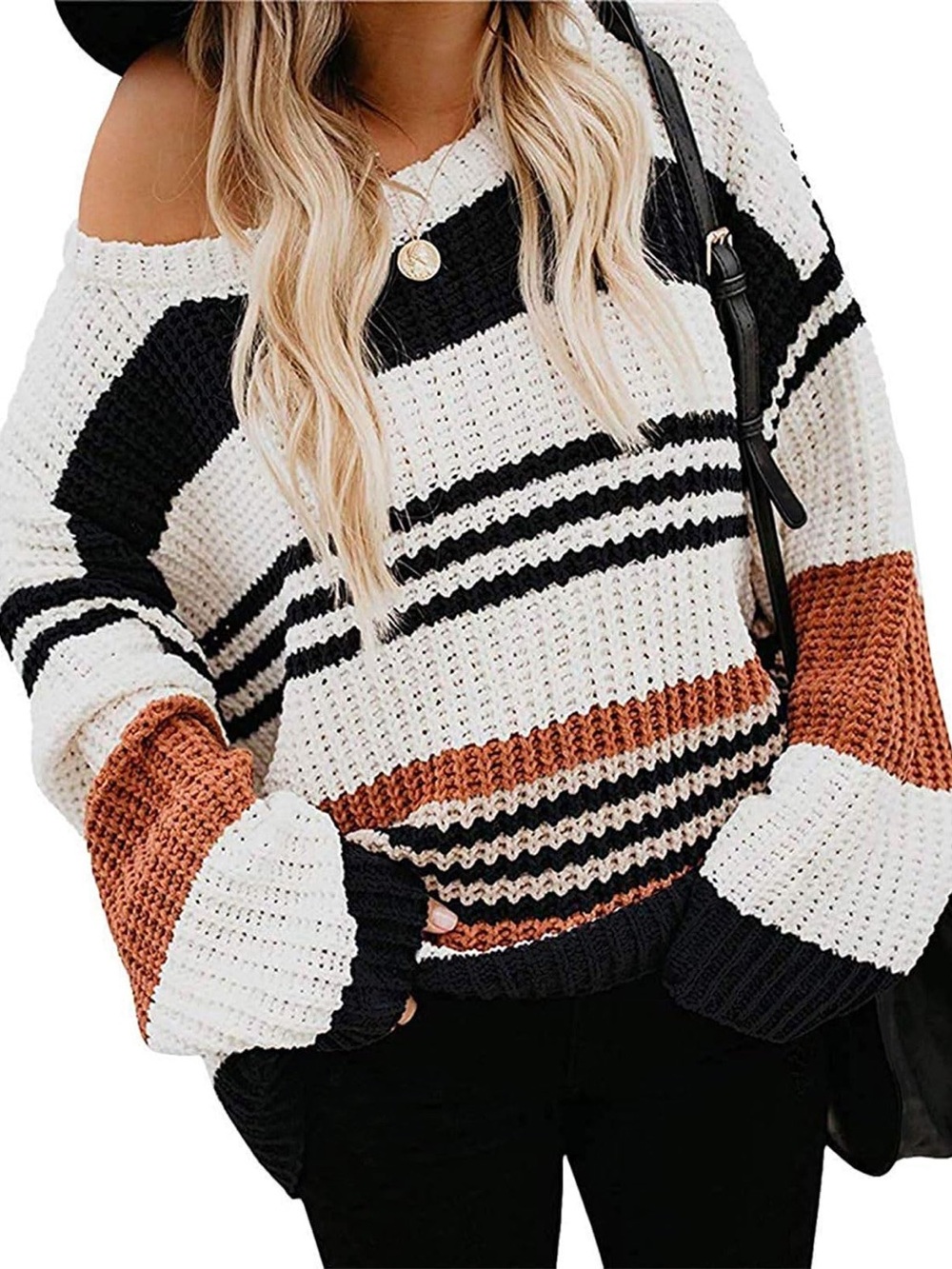 Striped Knit Sweater - Black, White & Brown